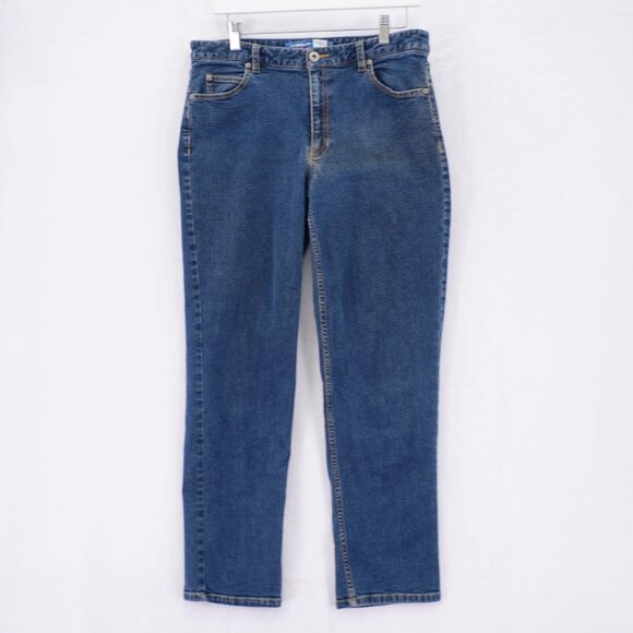 DAMAGED Liz Claiborne Straight Leg Petitie -12P- Jeans 32 / 28.5 Mid Rise Blue‎ - Picture 1 of 7